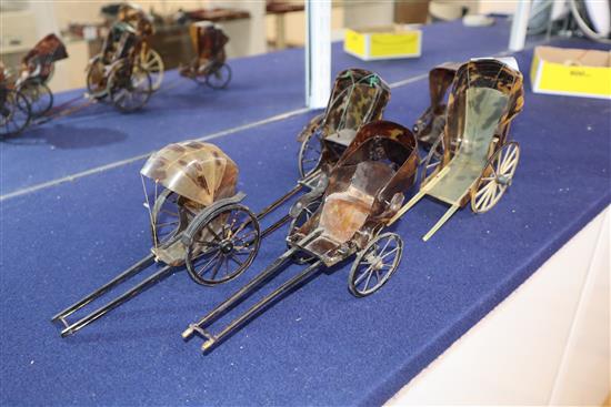 Five Japanese tortoiseshell models of rickshaws, c.1900, longest 18cm